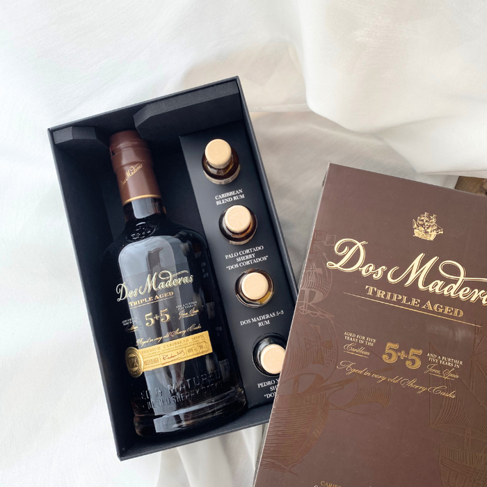 Dos Maderas 5+5 Spirit Drink sammen med smagsprøver af 5+3 rom, tør Oloroso sherry og sød PX sherry