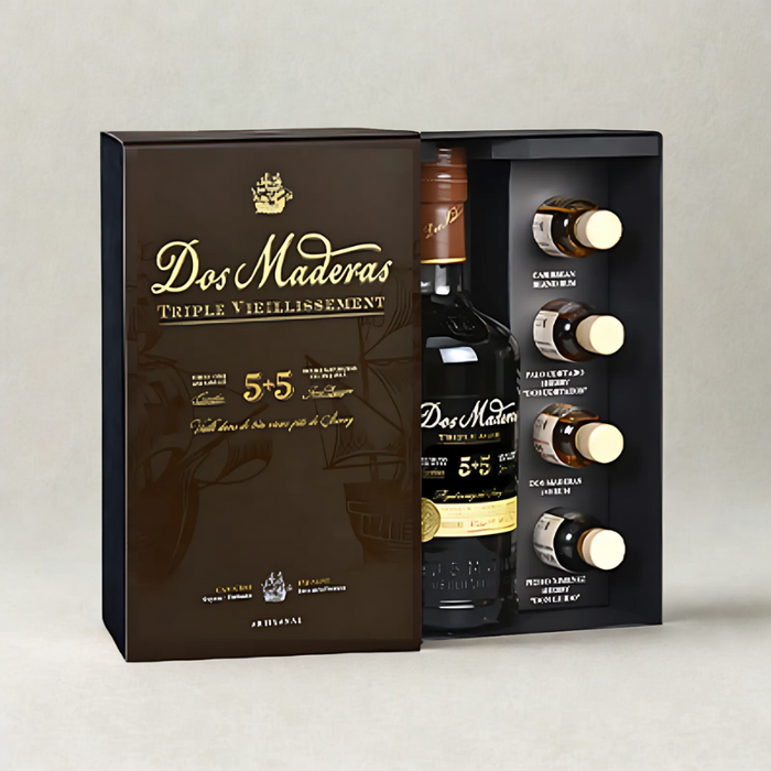 Dos Maderas Tasting Kit med flaske 5+5 Spirit Drink og fire små smagsprøver af rom og sherry