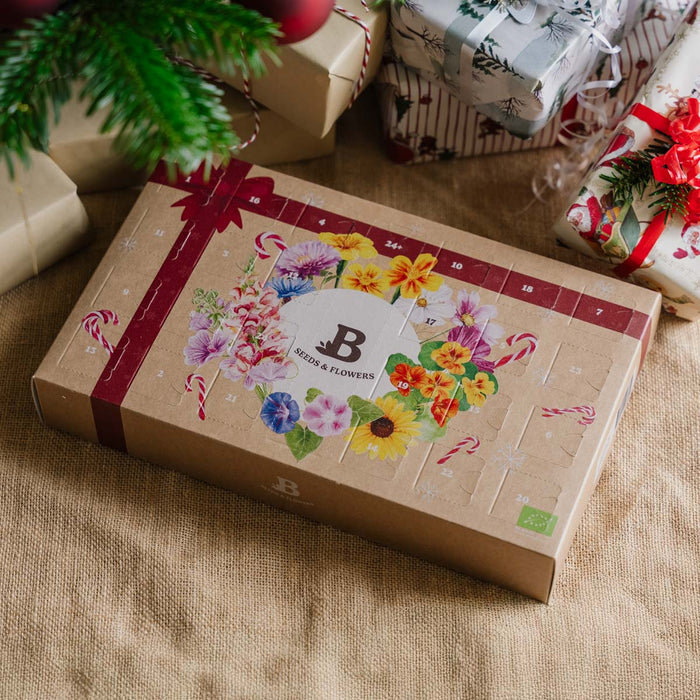 Dekorativ blomster-julekalender med frøposer, fiberpotter og guide til såning