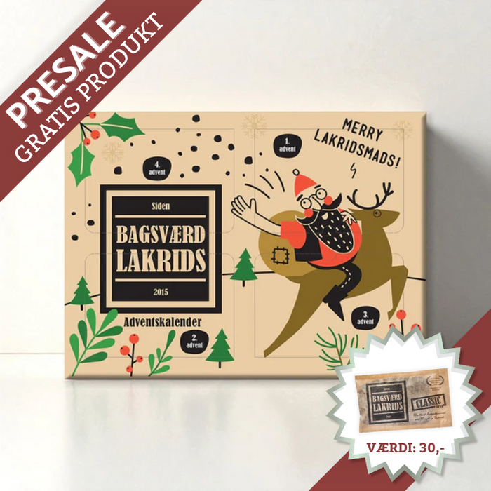 Bagsværd Lakrids MERRY LAKRIDSMADS adventskalender med 4 store lakridsplader – Classic, Salt, Salmiak og Mandel á 160 g – klar til at skære ud og dele.