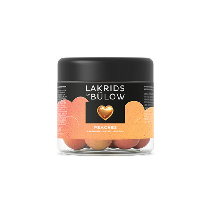 Peaches er en lakridsvariant med hvid fersken chokolade og et hint af passionsfrugt. Inde i midten af denne flotte orange kugle befinder sig en sød lakrids og hele herligheden er indpakket i en knasende sprød sugar-coat, som er prikken over i'et.