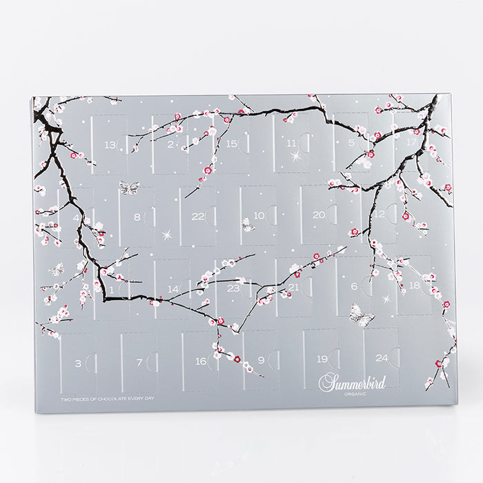 Summerbird julekalender med økologisk mørk- og Amber chokolade, fyldte stykker og vinterklassikere.