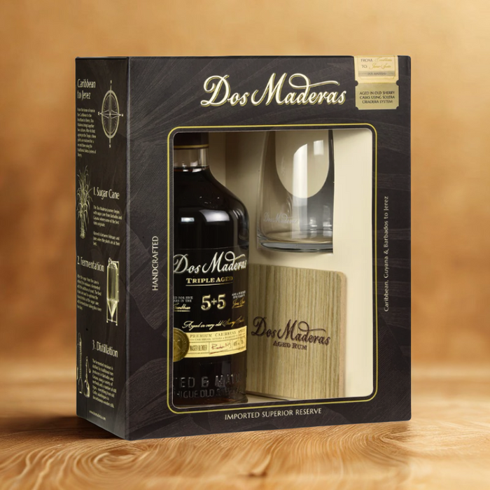 Dos Maderas 5+5 Triple Aged i gaveæske med glas og coaster