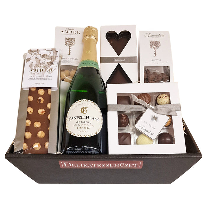 Gavekurv - gave med mousserende CAVA og chokolade fra Summerbird