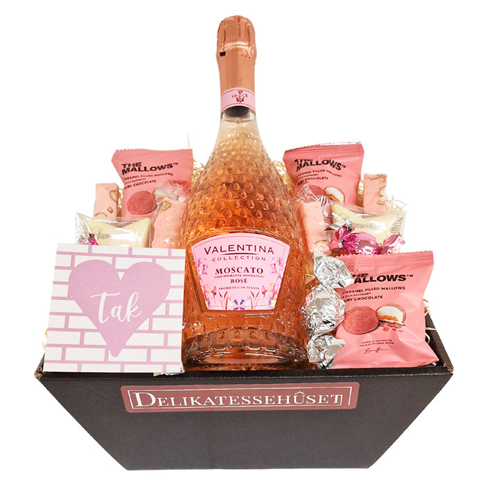 Gavekurv - 'TAK' med rosé bobler og luksus chokolade