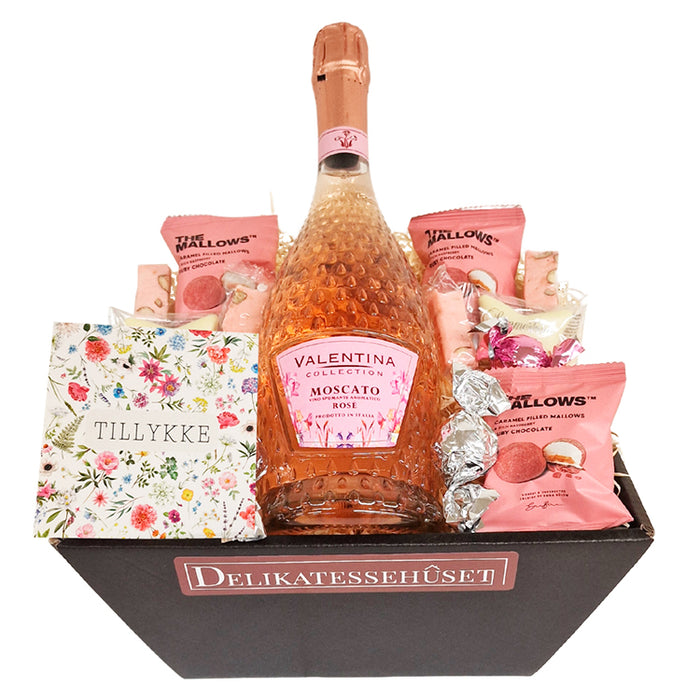 Gavekurv - tillykke med rosé bobler og luksus chokolade