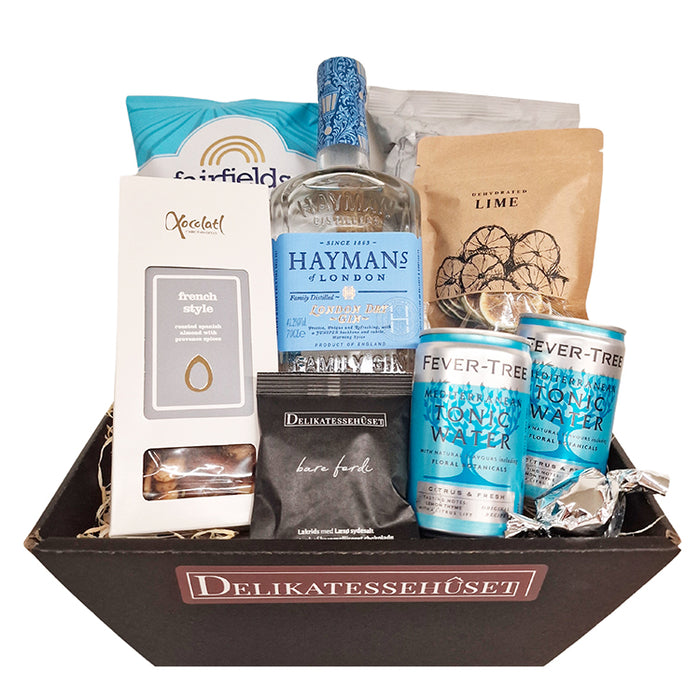 Gavekurv med gin og tonic. Haymans London Dry Gin, tonic og forskellige krydrede snacks