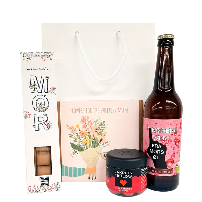 Gavepose med sjov mor øl, lakrids, blossombs og lakrids