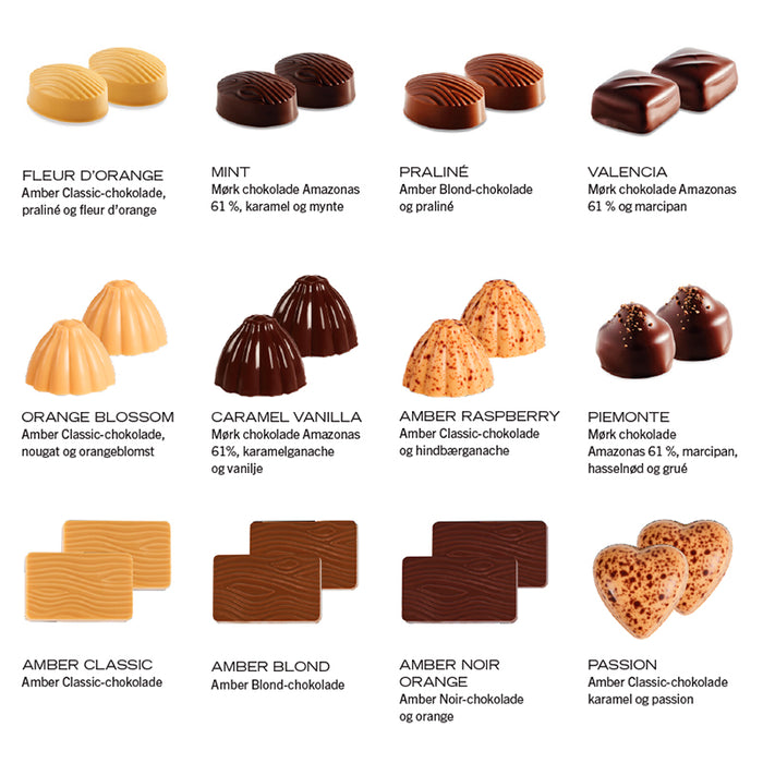 Eksklusiv Summerbird julekalender, der kombinerer klassiske og sæsonprægede chokolader i mørk og Amber kvalitet.