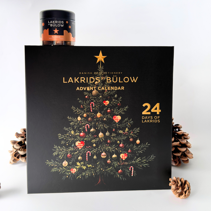 Johan Bülow lakridsjulekalender med 24 låger, fyldt med dansk gourmetlakrids, chokoladeovertrukne lakridskugler og Limited Editions.