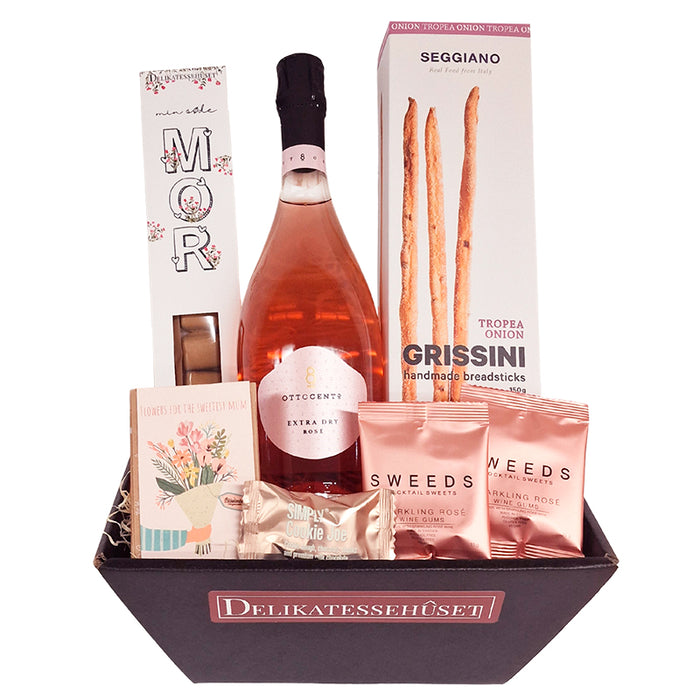 Lækker morsdag kurv med rosevin, grissini, chokolade og blossombs