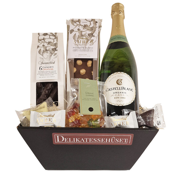 Gavekurv - økologisk kurv med cava, vingummi og chokolade