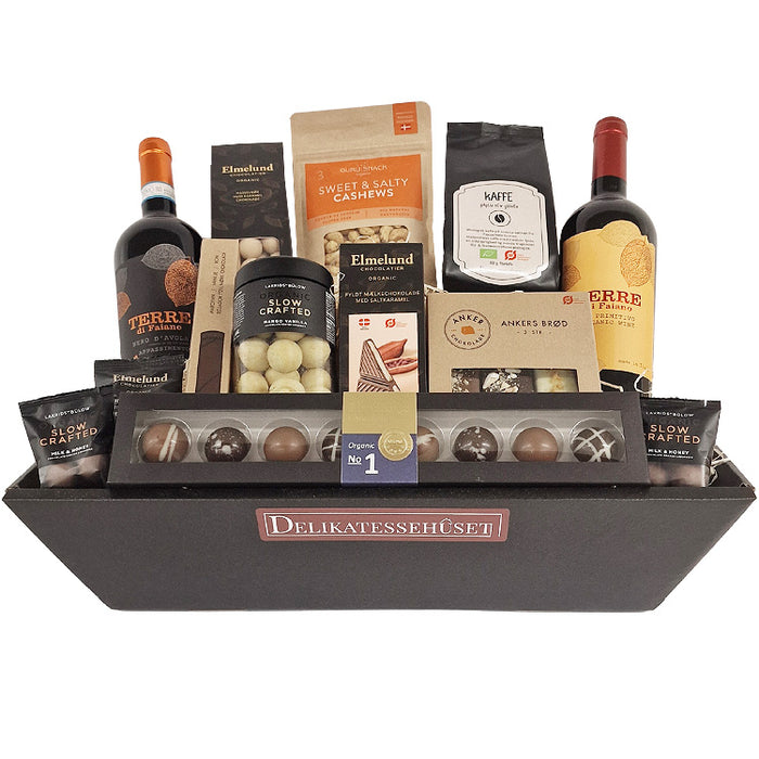 Gavekurv - stor økologisk gavekurv med rødvin, lakrids og chokolade