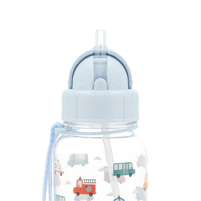 Sød og praktisk vandflaske med biler, busser og helikoptere.