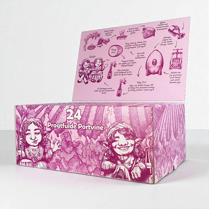 Portvin-julekalender med 24 låger – daglige 5 cl smagsoplevelser fra Martha's eller Borges, inkl. QR-kode med information om hver portvin.