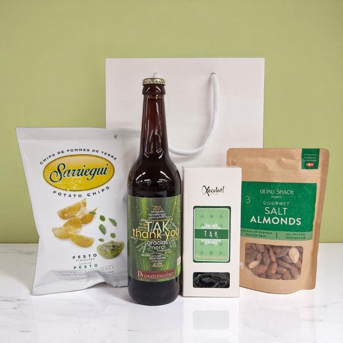 Sig tak med en fin gavepose med øl, og salte snacks