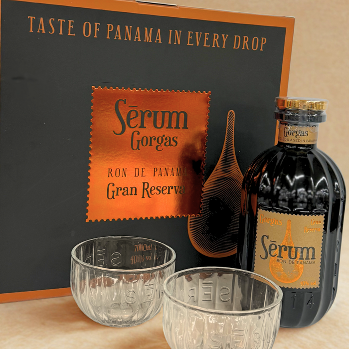 Flaske Serum Gorgas Gran Reserva 700 ml med 2 Serum romglas i gaveæske