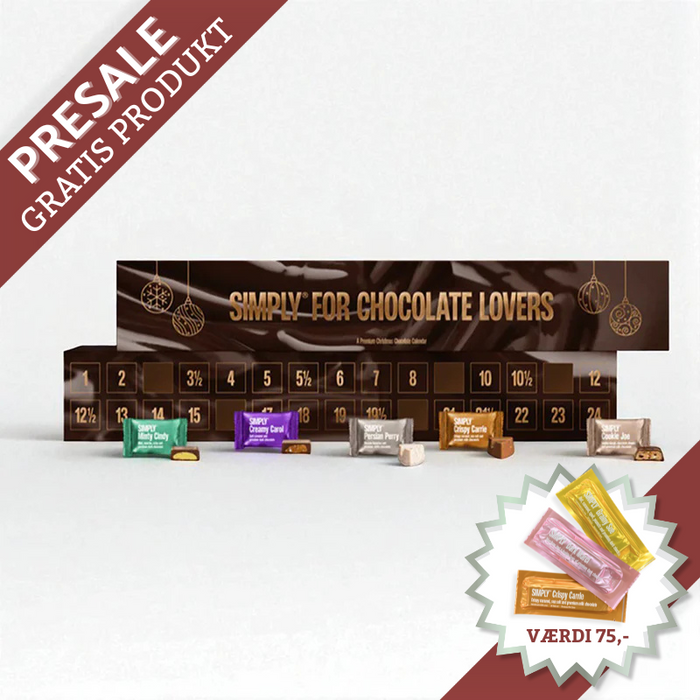 Julekalender med 30 låger fra Simply Chocolate – fyldt med 10 forskellige smagsvarianter af premium chokolade, inkl. karamelcrunch, saltede mandler, persisk lakrids, marcipan, peanuts, mint og cookie dough.