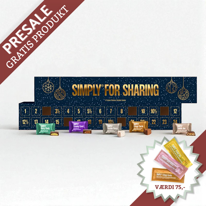 Simply Chocolate julekalender med 30 låger og over 75 cm længde – fyldt med 10 forskellige smagsvarianter af premium chokolade, inkl. karamelcrunch, saltede mandler, persisk lakrids, marcipan, peanuts, mint og cookie dough, perfekt til at dele.
