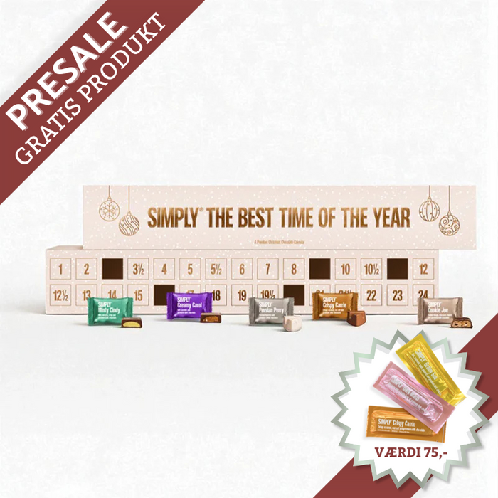 Julekalender med 30 låger fra Simply Chocolate – fyldt med 10 smagsvarianter af premium chokolade, inkl. karamelcrunch, saltede mandler, persisk lakrids, marcipan, peanuts, mint og cookie dough