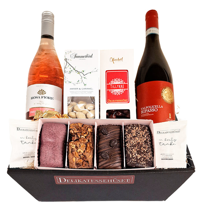 'Tillykke' kurv med brownies og sparkling wine