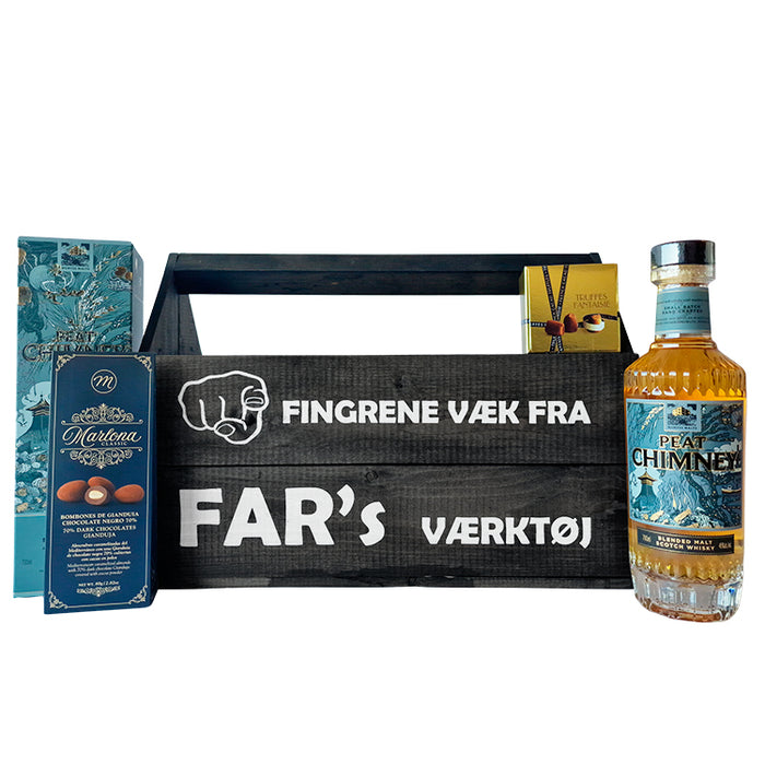 Fars dag gave Delikatessehuset med en god flaske røget whisky og chokolade
