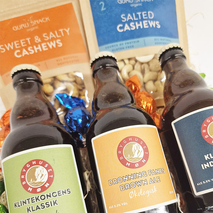 Gavekurv - øl-kurv med 3 specialøl og krydrede nødder