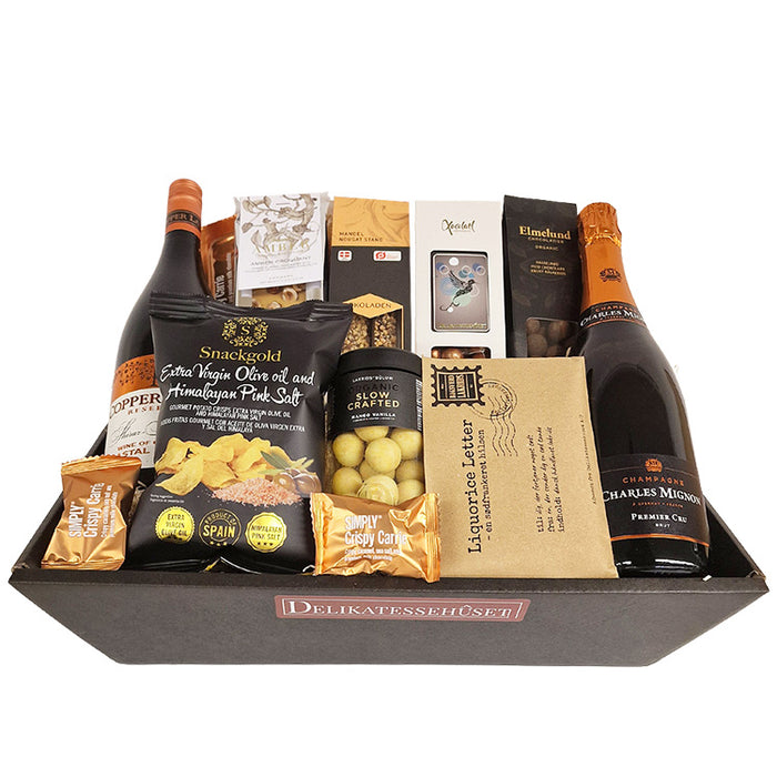 Gavekurv - stor eksklusiv gavekurv m. champagne, rødvin, lakrids og chokolade