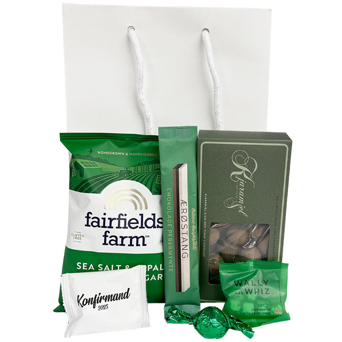 Grøn konfirmand gavepose m. snacks