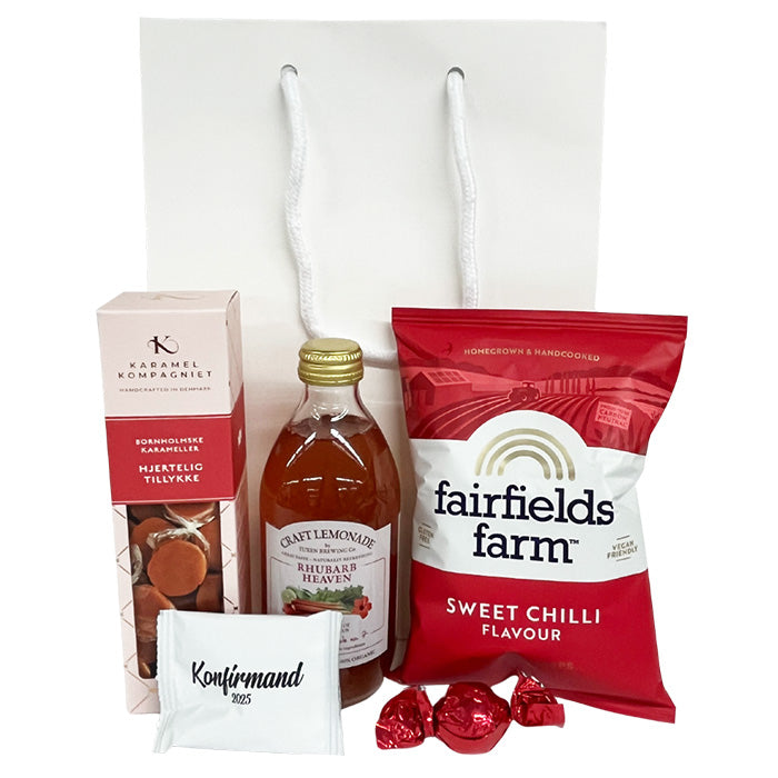 Gavepose til konfirmanden m. lemonade, chips og karameller