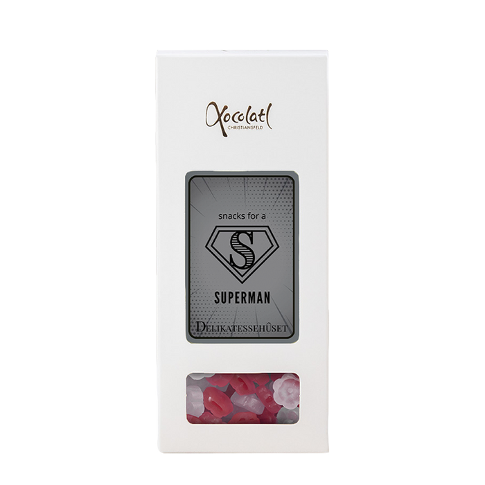 Æske med superman indstik med vingummi med solbærsmag