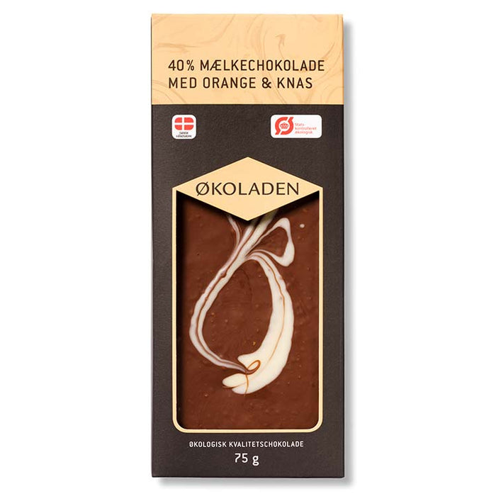 Mælkechokolade med orange og knas. Økologisk og dansk produceret fra Elmelund¨