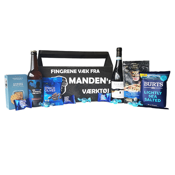 Værktøjskasse med rødvin og øl