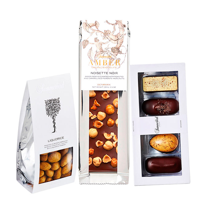 Summerbird trio med mandler, chokoladeplade og gaveæske petit four