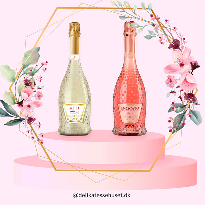 Sampak med to flasker skøn mousserende vin. Moscato og Asti er søde mousserende vine, der er perfekte til aperitif eller velkomstdrik eller dessertvin.