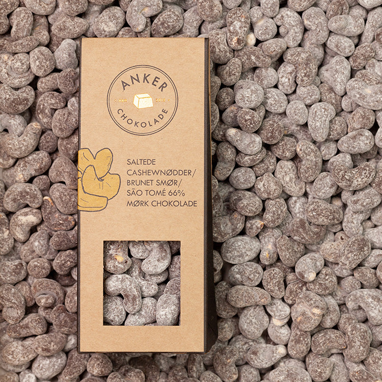 Saltede cashewnødder med brunet smør og mørk chokolade fra Anker chokolade