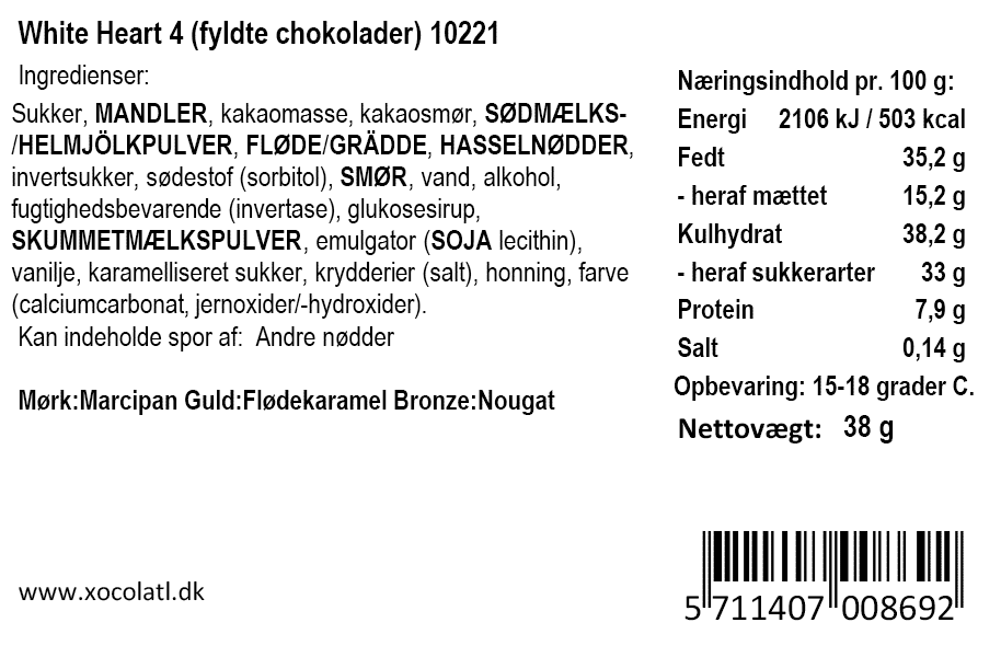 Ingrediensliste for White Heart 4 fra Xocolatl