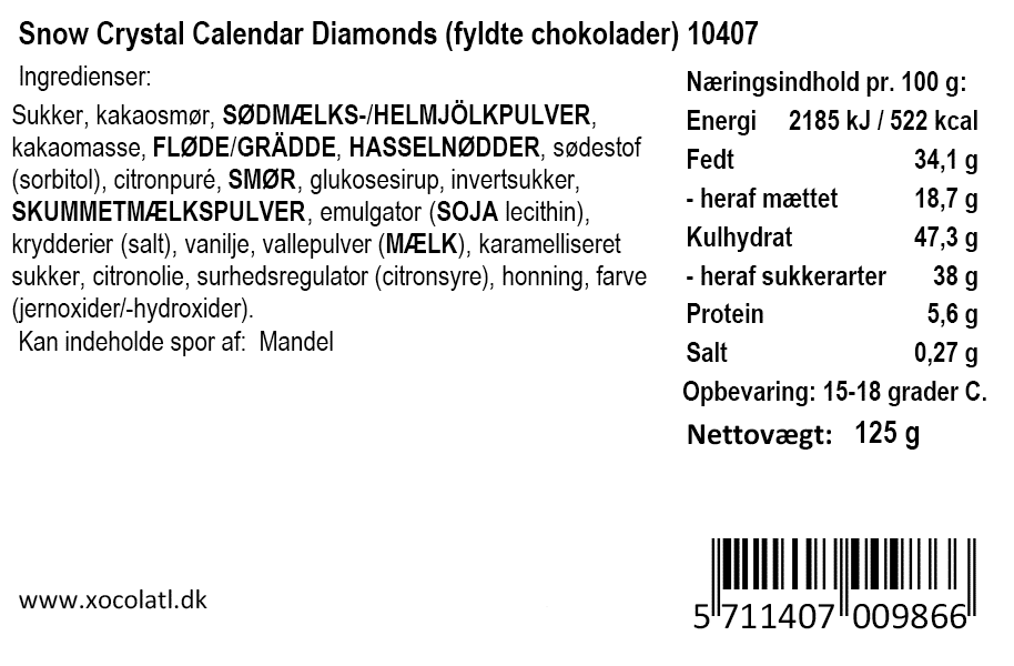 Julekalender med små fyldte chokolader fra Xocolatl