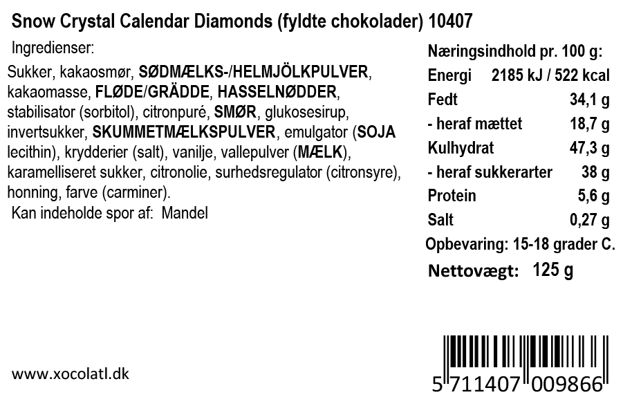 Julekalender med små fyldte chokolader fra Xocolatl