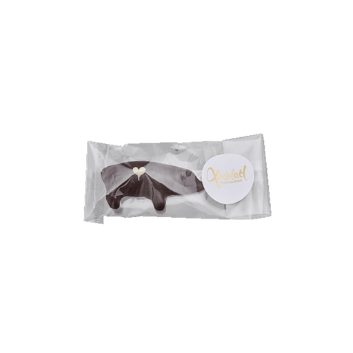 Hånddekoreret marcipangris overtrukket med mørk chokolade – pakket enkeltvis, perfekt julesnack og gave.
