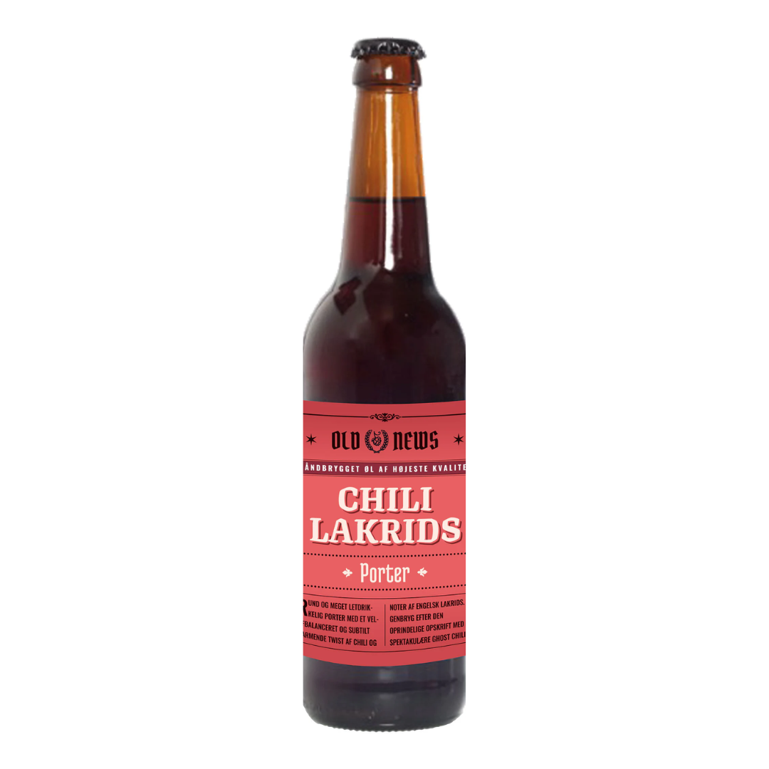 Flaske med Chili Lakrids Porter fra Randers Bryghus Old News serien.