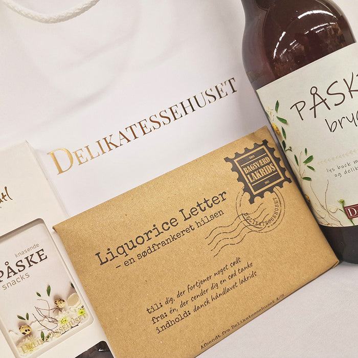 Påskepose med øl, saltede mandler og lakrids