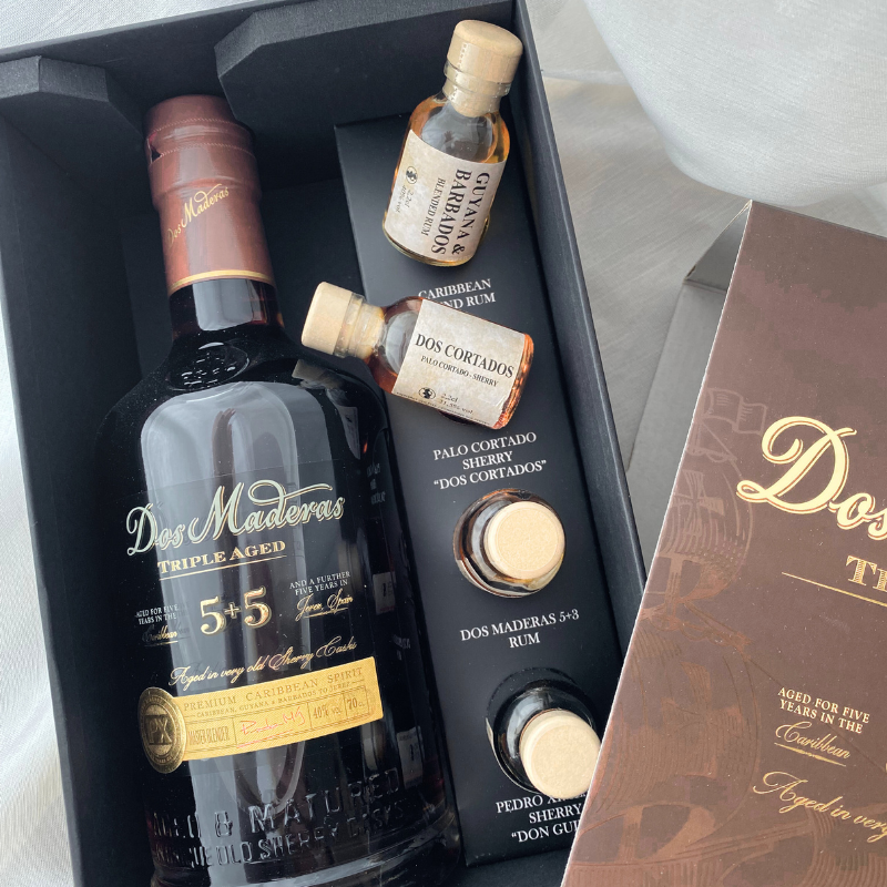 Gaveæske med Dos Maderas rom og sherry – 70 cl flaske og 4 mini-samples