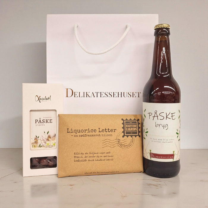 Påskepose med øl, saltede mandler og lakrids