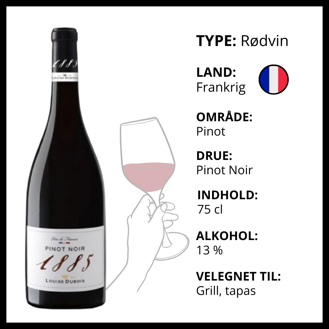 Fransk 1885 Louise Dubois Pinot Noir rødvin med fakta om land, drue og madparring.