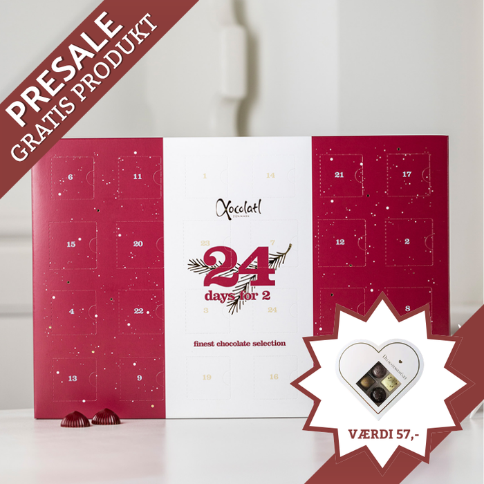 Delevenlig chokoladejulekalender fra Xocolatl med to stykker chokolade bag hver låge. Bestil online hos Delikatessehuset