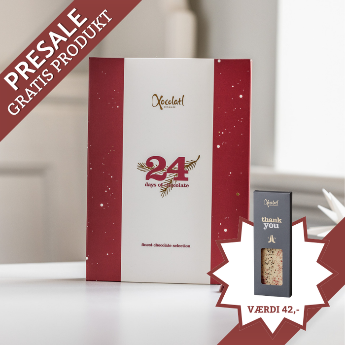 Julekalender fra Xocolatl med 24 stykker fyldt chokolade. Bestil online ved Delikatessehuset