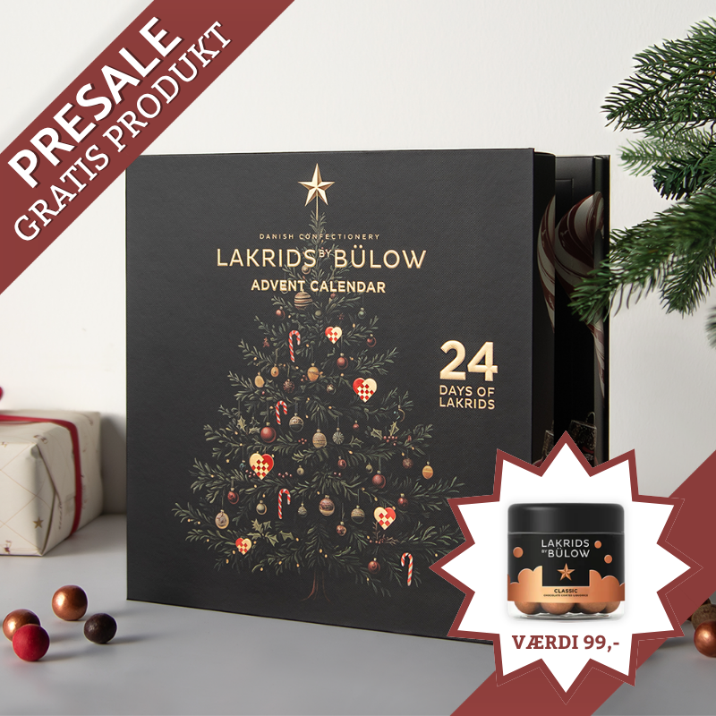 Lakrids by Bülow julekalender inkl. gratis bøtte Classic lakrids (værdi 99,-). Køb online hos Delikatessehuset
