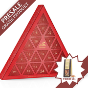 Karamelleriet julekalender i trekantet glitrende design med 24 låger fyldt med bløde fudge-karameller, chokoladeovertrukne karameller og håndlavede klippestykker.	