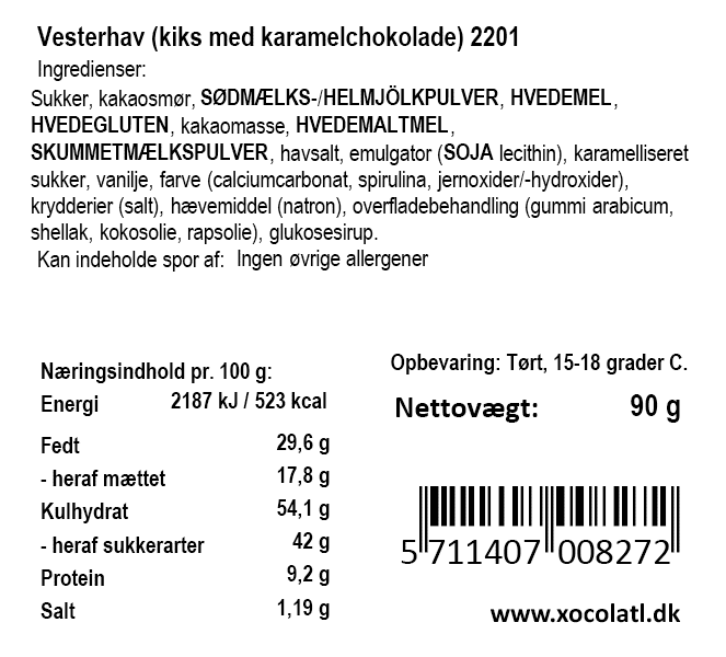 Ingrediensliste og næringsindhold for Vesterhav kiks med karamelchokolade fra Xocolatl.